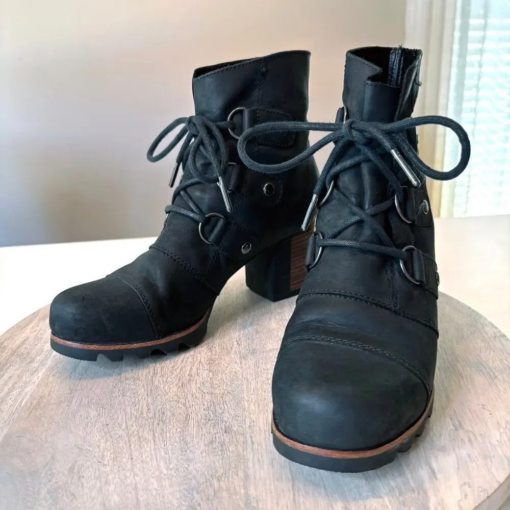 SOREL Addington Boots Women's 8 Black Leather Waterproof Lace Up NL2360-010